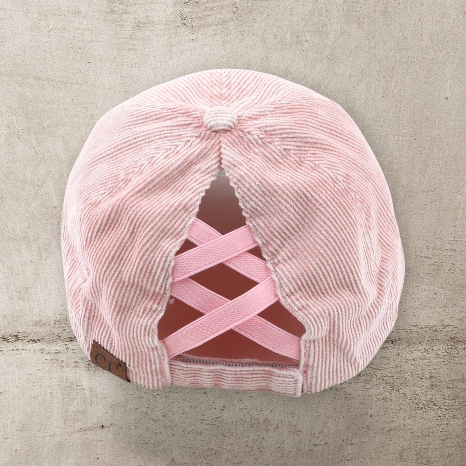 C.C® Stone - Washed Corduroy Ponytail Cap - Crisscross Elastic Back, Adjustable Hook - and - Loop, 100% Cotton - Truly Contagious