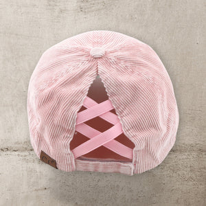 C.C® Stone - Washed Corduroy Ponytail Cap – Crisscross Elastic Back, Adjustable Hook - and - Loop, 100% Cotton - Truly Contagious