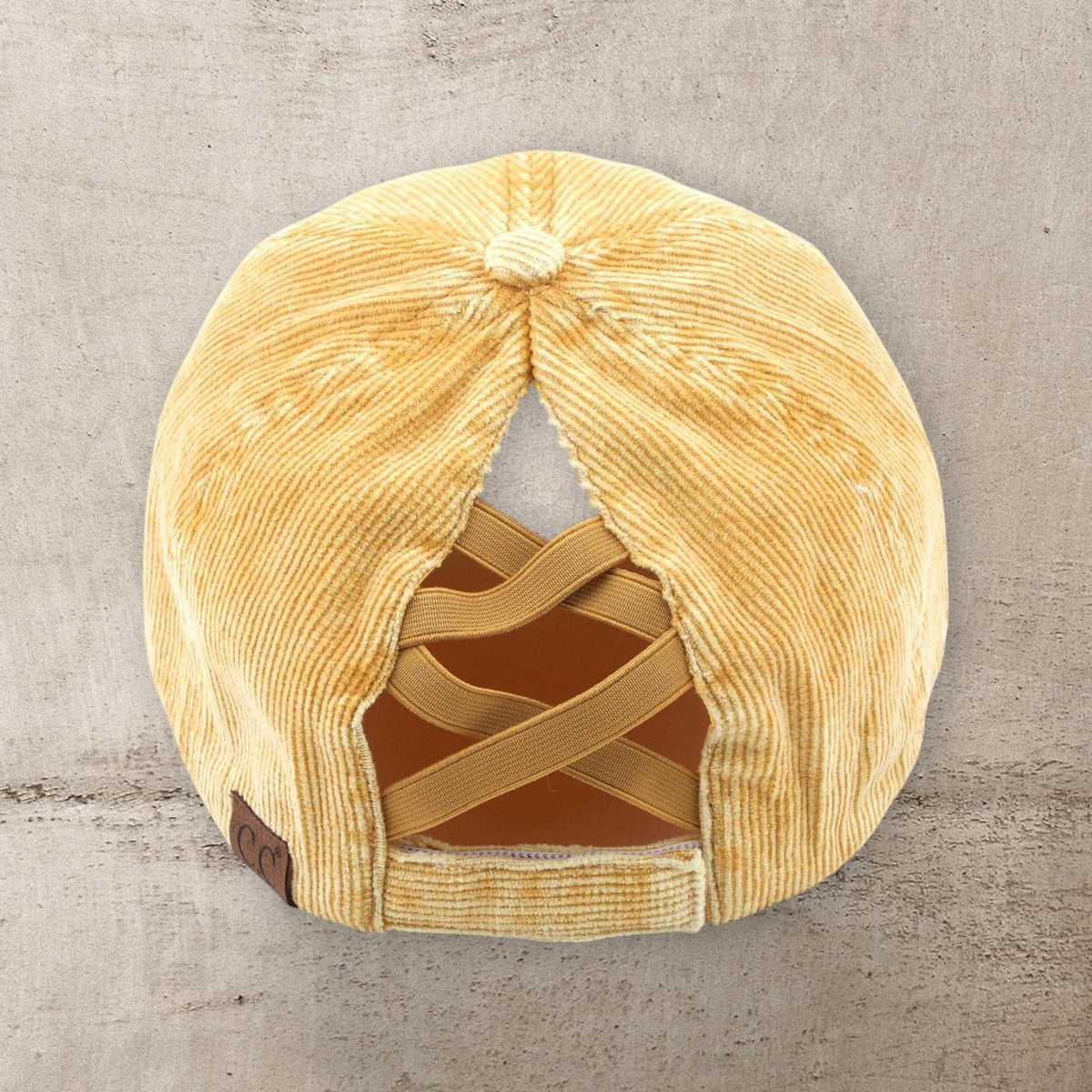 C.C® Stone - Washed Corduroy Ponytail Cap - Crisscross Elastic Back, Adjustable Hook - and - Loop, 100% Cotton - Truly Contagious