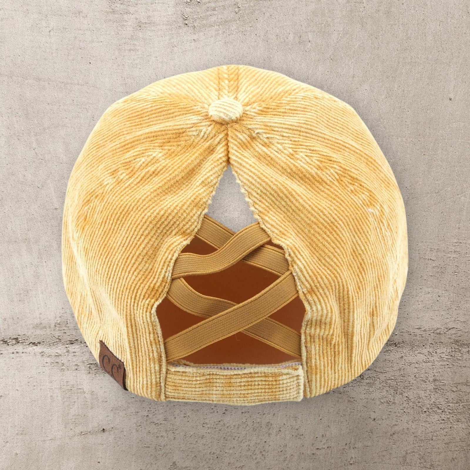 C.C® Stone - Washed Corduroy Ponytail Cap - Crisscross Elastic Back, Adjustable Hook - and - Loop, 100% Cotton - Truly Contagious