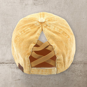 C.C® Stone - Washed Corduroy Ponytail Cap – Crisscross Elastic Back, Adjustable Hook - and - Loop, 100% Cotton - Truly Contagious