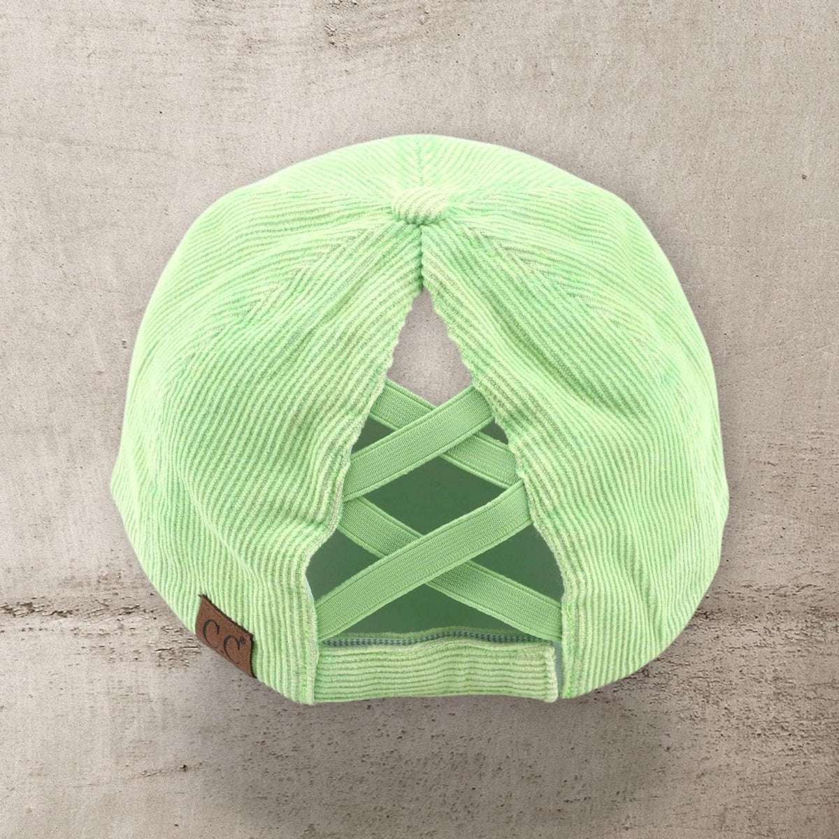 C.C® Stone - Washed Corduroy Ponytail Cap - Crisscross Elastic Back, Adjustable Hook - and - Loop, 100% Cotton - Truly Contagious