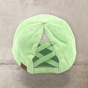 C.C® Stone - Washed Corduroy Ponytail Cap – Crisscross Elastic Back, Adjustable Hook - and - Loop, 100% Cotton - Truly Contagious