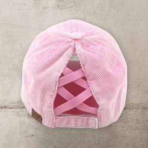 C.C® Stone - Washed Corduroy Ponytail Cap – Crisscross Elastic Back, Adjustable Hook - and - Loop, 100% Cotton - Truly Contagious