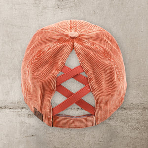 C.C® Stone - Washed Corduroy Ponytail Cap – Crisscross Elastic Back, Adjustable Hook - and - Loop, 100% Cotton - Truly Contagious