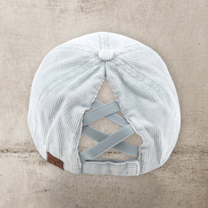 C.C® Stone - Washed Corduroy Ponytail Cap – Crisscross Elastic Back, Adjustable Hook - and - Loop, 100% Cotton - Truly Contagious
