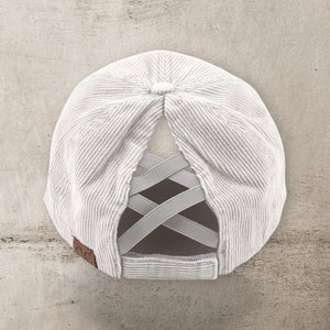 C.C® Stone - Washed Corduroy Ponytail Cap – Crisscross Elastic Back, Adjustable Hook - and - Loop, 100% Cotton - Truly Contagious