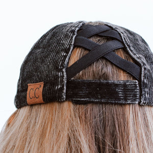 C.C® Stone - Washed Corduroy Ponytail Cap – Crisscross Elastic Back, Adjustable Hook - and - Loop, 100% Cotton - Truly Contagious
