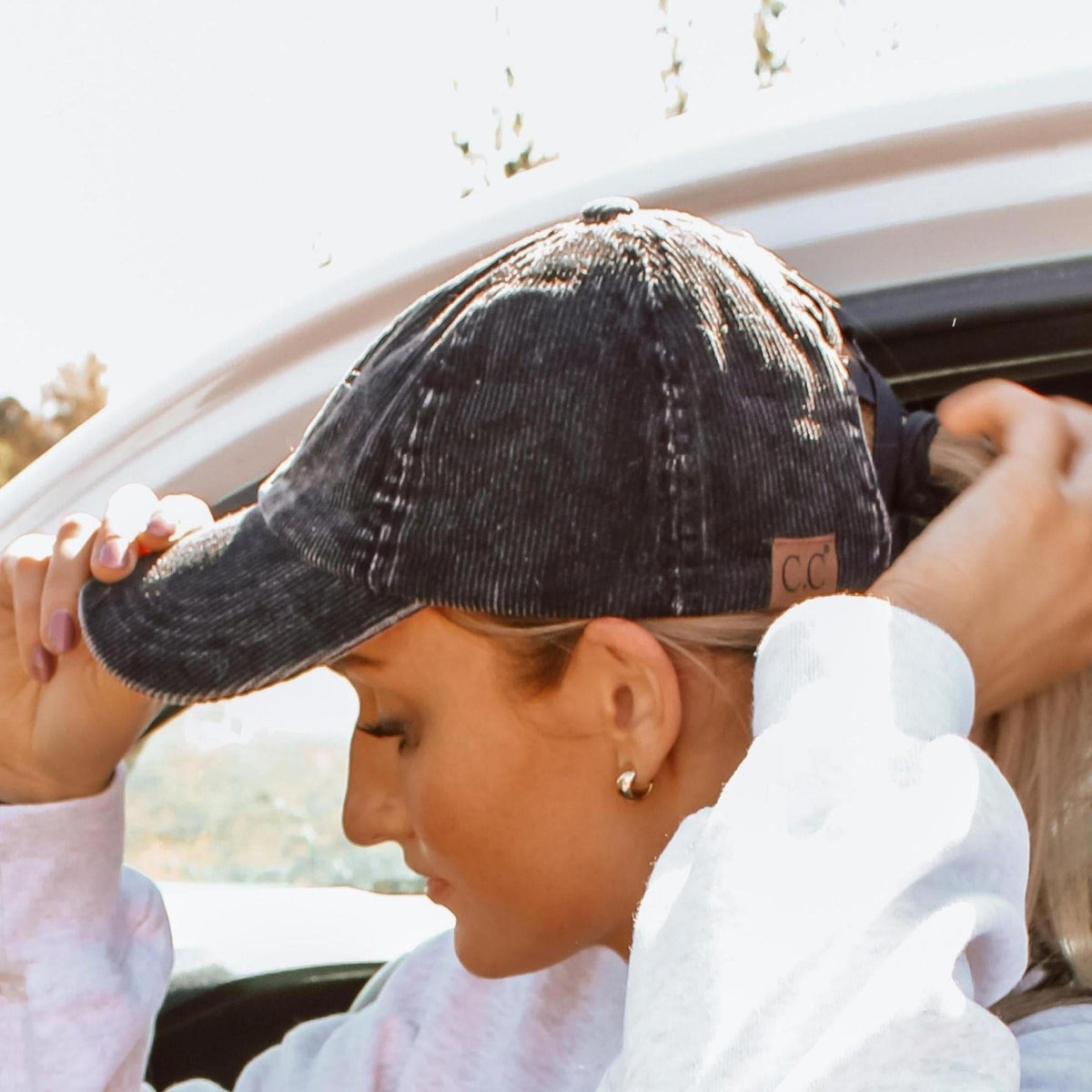 C.C® Stone - Washed Corduroy Ponytail Cap - Crisscross Elastic Back, Adjustable Hook - and - Loop, 100% Cotton - Truly Contagious