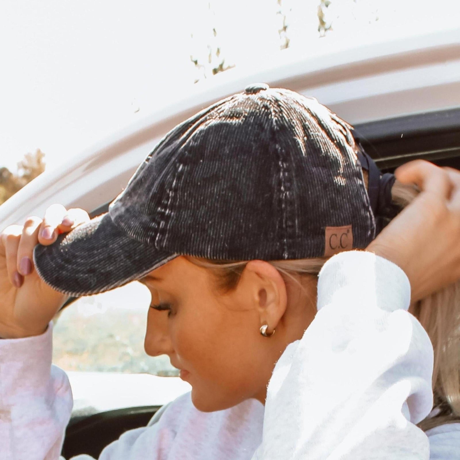 C.C® Stone - Washed Corduroy Ponytail Cap - Crisscross Elastic Back, Adjustable Hook - and - Loop, 100% Cotton - Truly Contagious