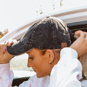 C.C® Stone - Washed Corduroy Ponytail Cap – Crisscross Elastic Back, Adjustable Hook - and - Loop, 100% Cotton - Truly Contagious