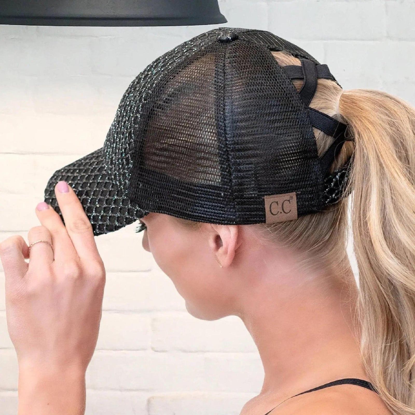 CC Textured Faux Leather Pony Hats Criss Cross Style Women Cap for Ponytails - Truly Contagious