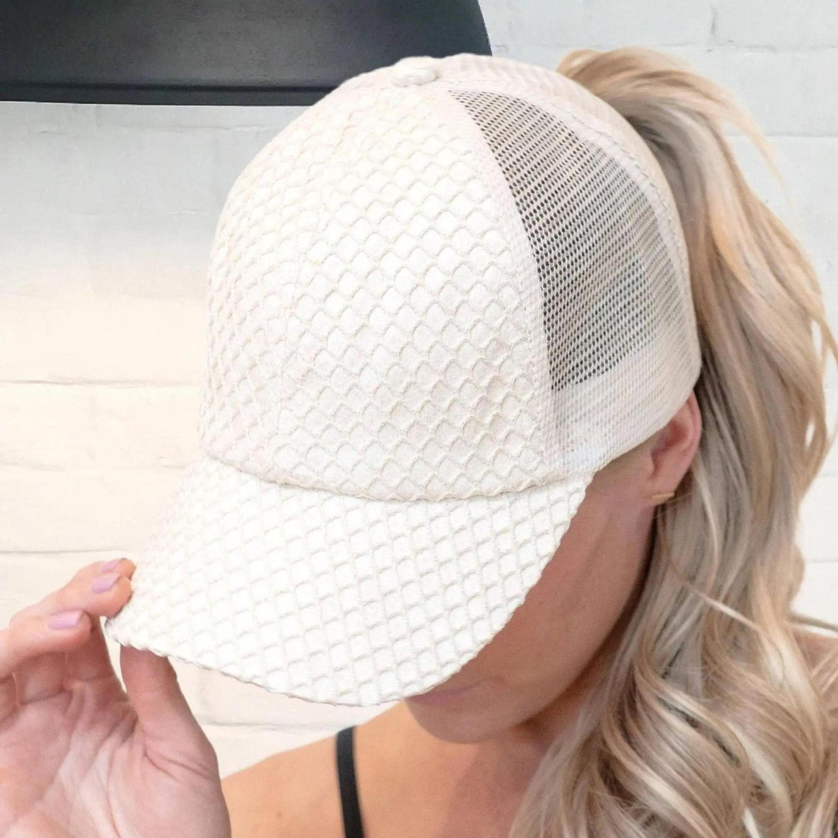 CC Textured Faux Leather Pony Hats Criss Cross Style Women Cap for Ponytails - Truly Contagious