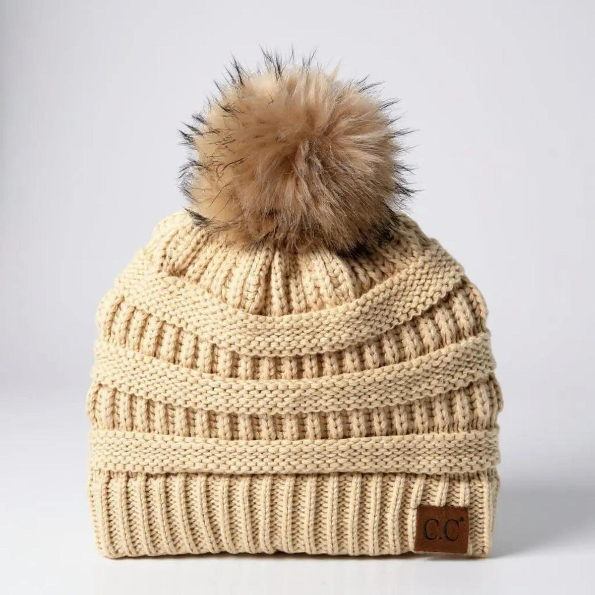 C.C® Trending Cable - Knit Tan Pom Beanie - Unisex Soft Acrylic Winter Hat, One Size - Truly Contagious