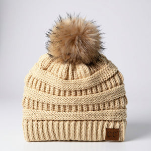 C.C® Trending Cable - Knit Tan Pom Beanie – Unisex Soft Acrylic Winter Hat, One Size - Truly Contagious