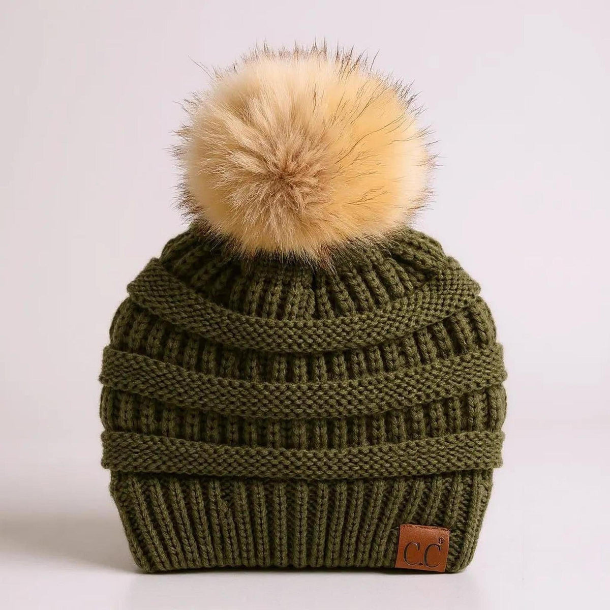 C.C® Trending Cable - Knit Tan Pom Beanie - Unisex Soft Acrylic Winter Hat, One Size - Truly Contagious