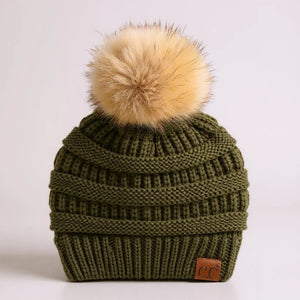 C.C® Trending Cable - Knit Tan Pom Beanie – Unisex Soft Acrylic Winter Hat, One Size - Truly Contagious
