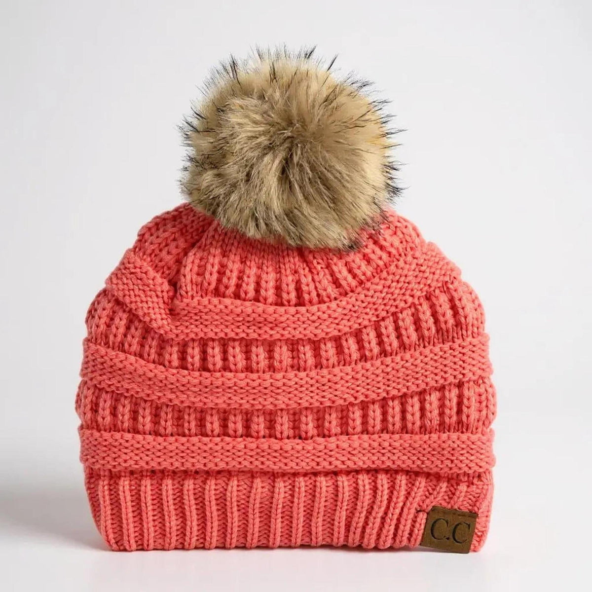 C.C® Trending Cable - Knit Tan Pom Beanie - Unisex Soft Acrylic Winter Hat, One Size - Truly Contagious