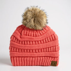 C.C® Trending Cable - Knit Tan Pom Beanie – Unisex Soft Acrylic Winter Hat, One Size - Truly Contagious