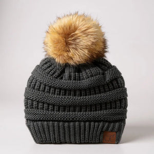 C.C® Trending Cable - Knit Tan Pom Beanie – Unisex Soft Acrylic Winter Hat, One Size - Truly Contagious
