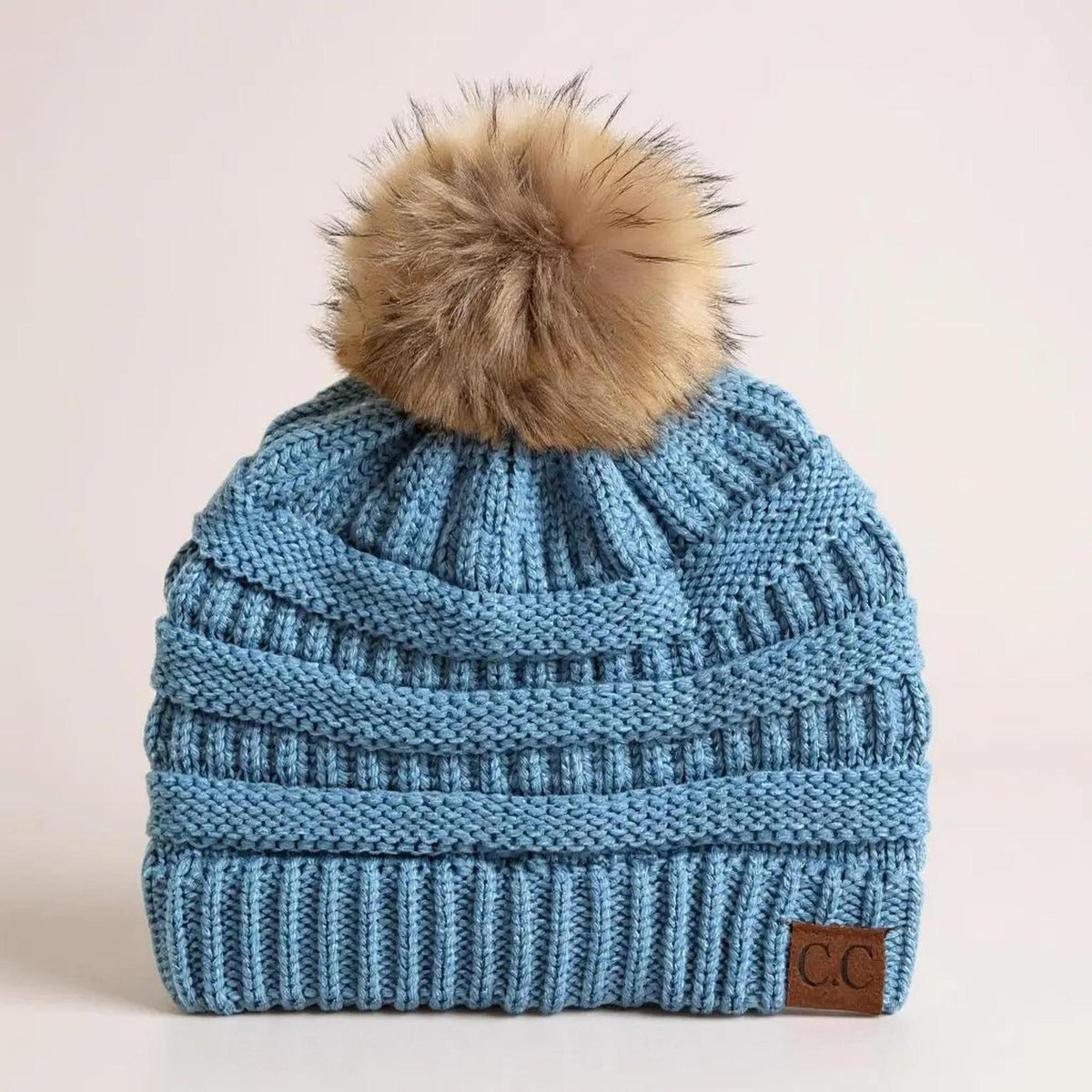 C.C® Trending Cable - Knit Tan Pom Beanie - Unisex Soft Acrylic Winter Hat, One Size - Truly Contagious