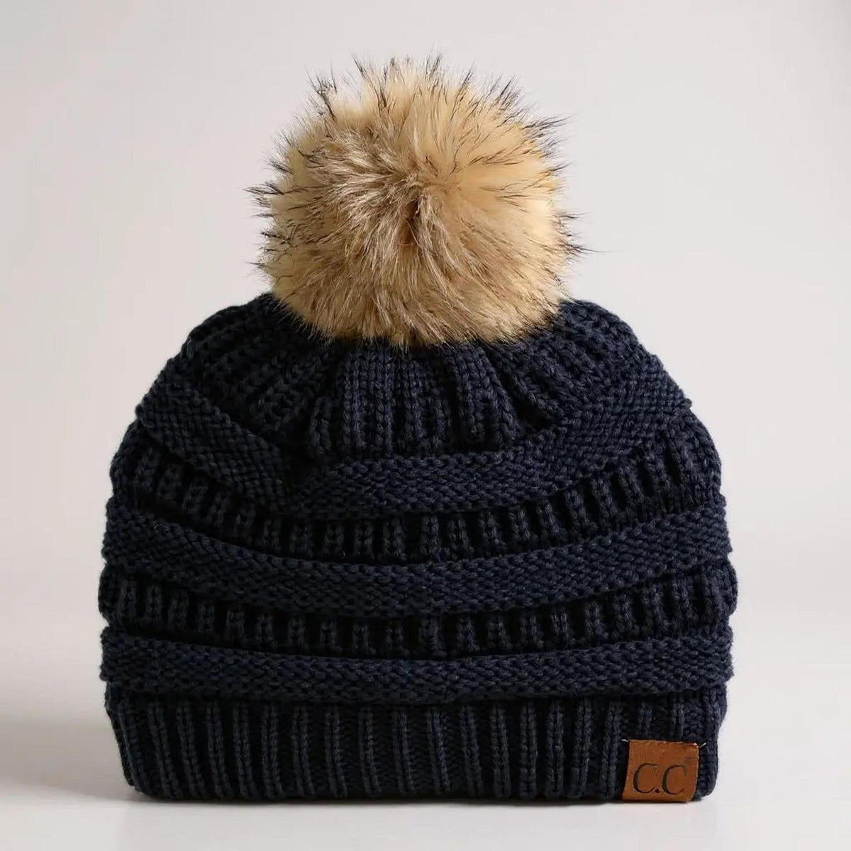 C.C® Trending Cable - Knit Tan Pom Beanie - Unisex Soft Acrylic Winter Hat, One Size - Truly Contagious