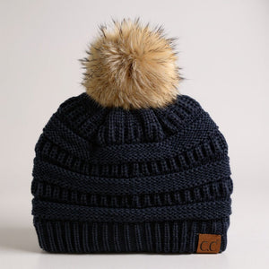 C.C® Trending Cable - Knit Tan Pom Beanie – Unisex Soft Acrylic Winter Hat, One Size - Truly Contagious