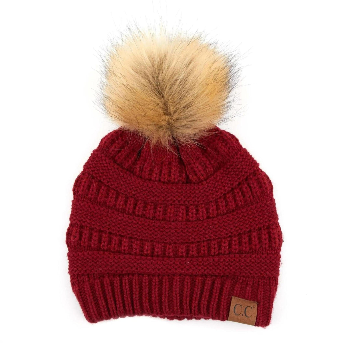 C.C® Trending Cable - Knit Tan Pom Beanie - Unisex Soft Acrylic Winter Hat, One Size - Truly Contagious