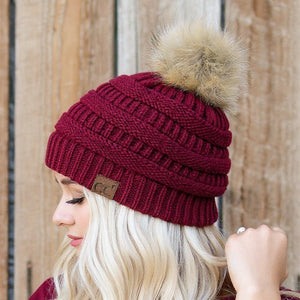 C.C® Trending Cable - Knit Tan Pom Beanie – Unisex Soft Acrylic Winter Hat, One Size - Truly Contagious