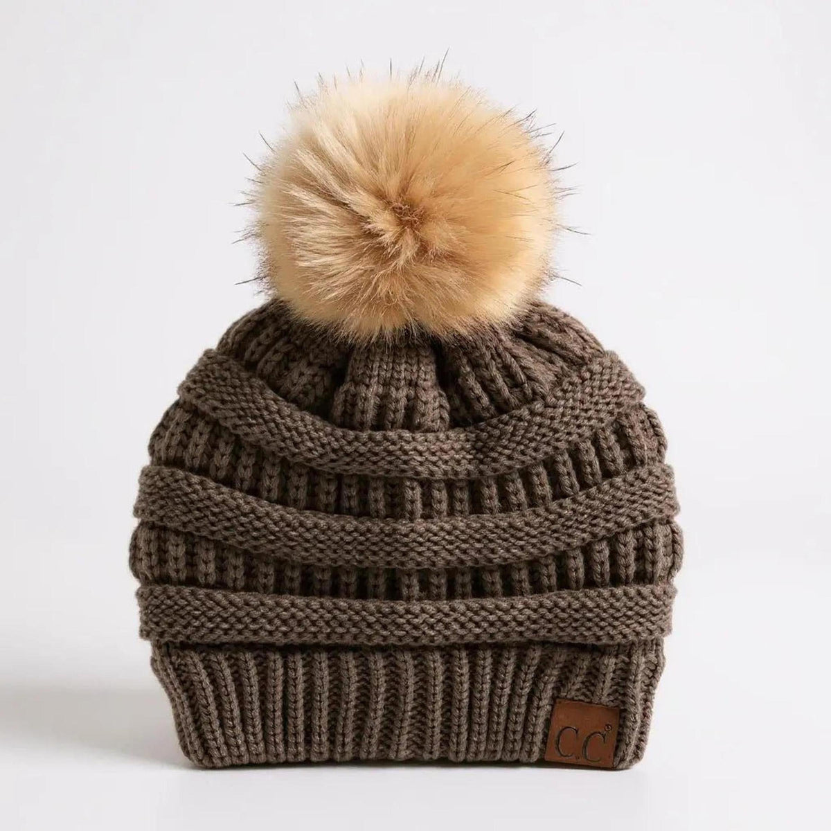 C.C® Trending Cable - Knit Tan Pom Beanie - Unisex Soft Acrylic Winter Hat, One Size - Truly Contagious