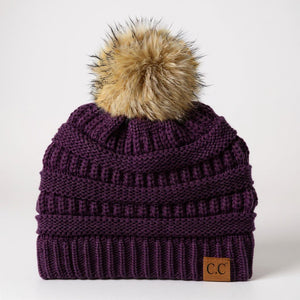 C.C® Trending Cable - Knit Tan Pom Beanie – Unisex Soft Acrylic Winter Hat, One Size - Truly Contagious