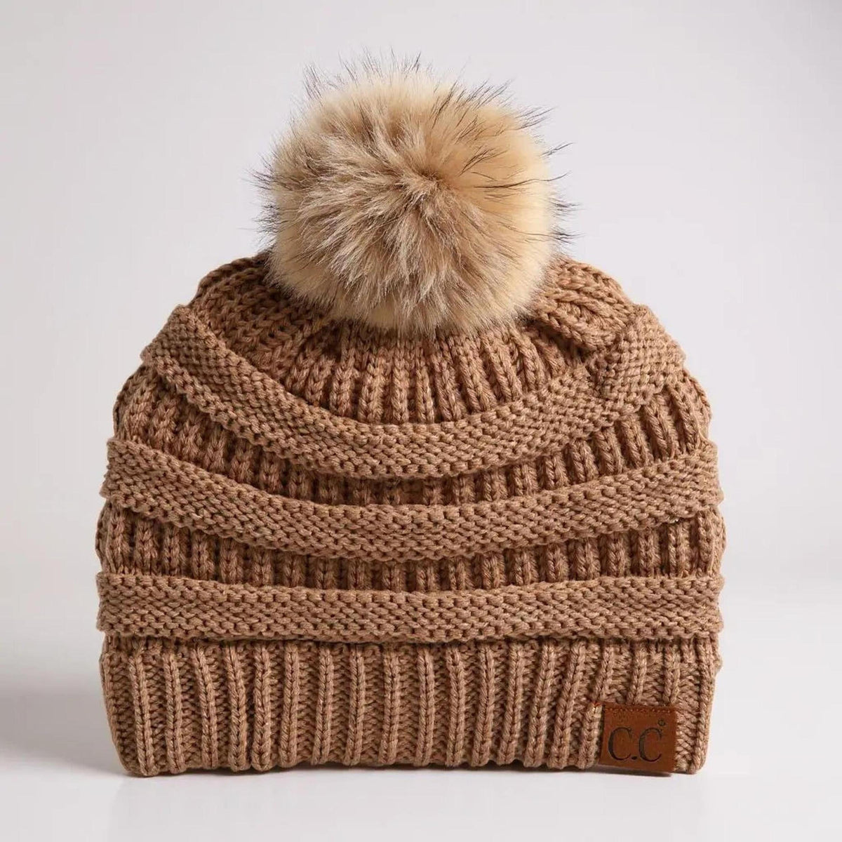 C.C® Trending Cable - Knit Tan Pom Beanie - Unisex Soft Acrylic Winter Hat, One Size - Truly Contagious