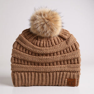 C.C® Trending Cable - Knit Tan Pom Beanie – Unisex Soft Acrylic Winter Hat, One Size - Truly Contagious