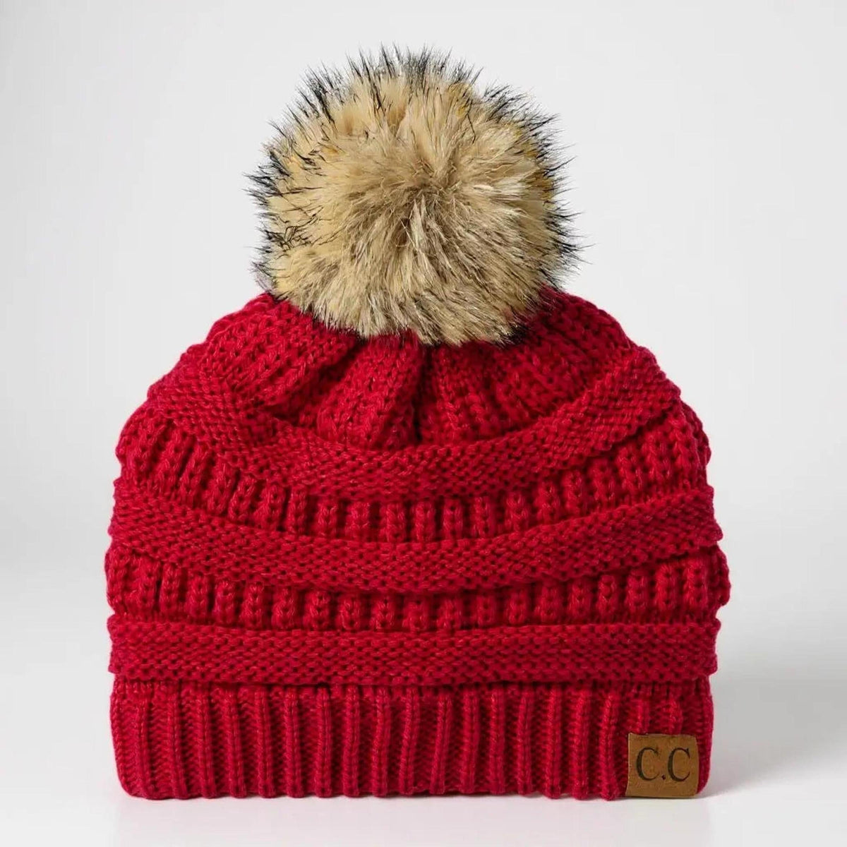 C.C® Trending Cable - Knit Tan Pom Beanie - Unisex Soft Acrylic Winter Hat, One Size - Truly Contagious