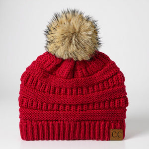 C.C® Trending Cable - Knit Tan Pom Beanie – Unisex Soft Acrylic Winter Hat, One Size - Truly Contagious