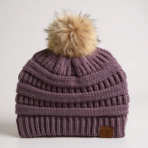 C.C® Trending Cable - Knit Tan Pom Beanie – Unisex Soft Acrylic Winter Hat, One Size - Truly Contagious