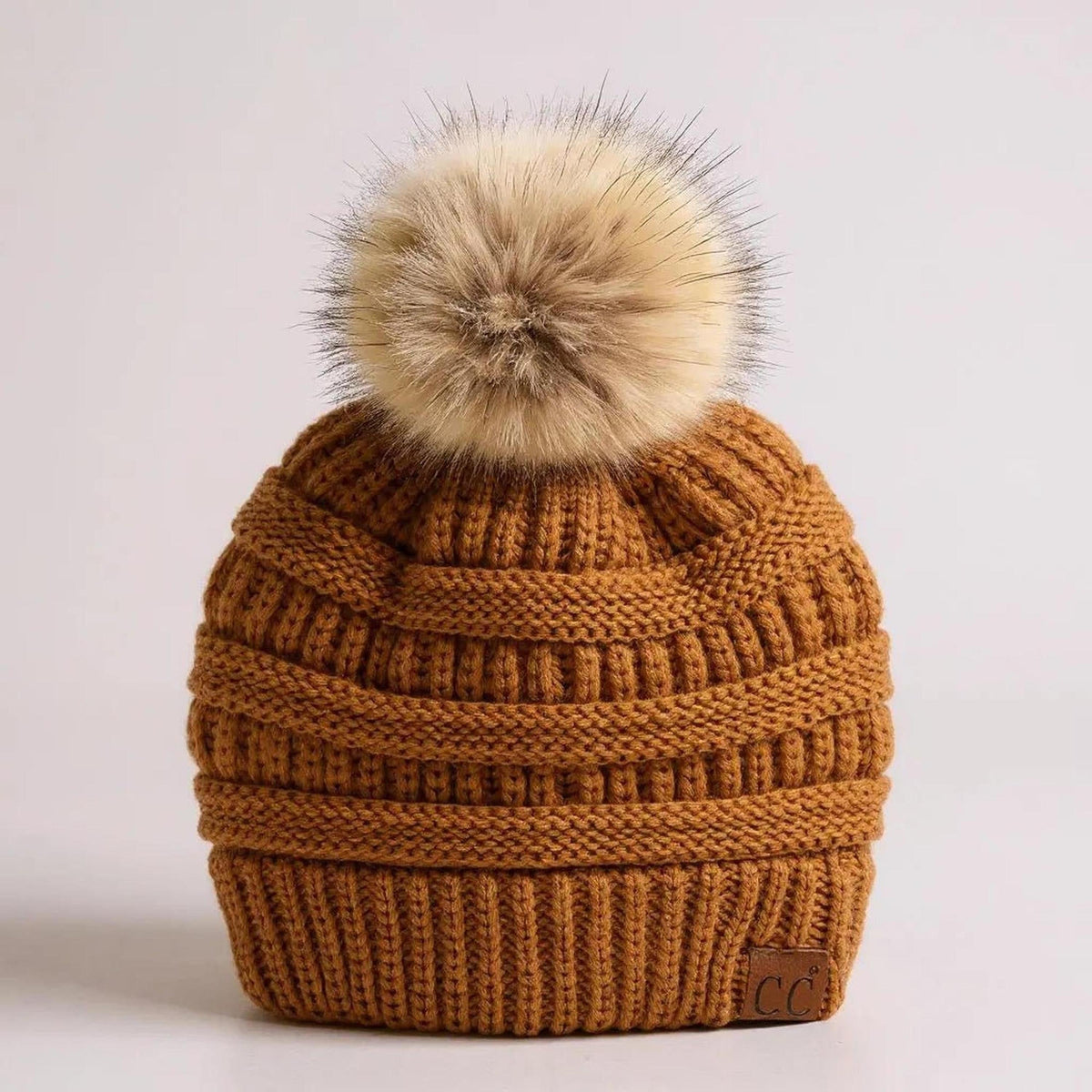C.C® Trending Cable - Knit Tan Pom Beanie - Unisex Soft Acrylic Winter Hat, One Size - Truly Contagious