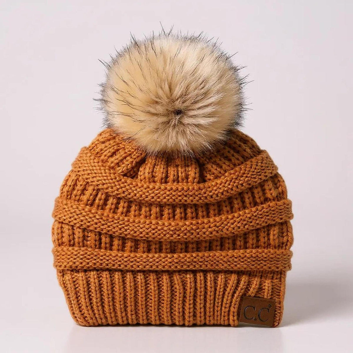 C.C® Trending Cable - Knit Tan Pom Beanie - Unisex Soft Acrylic Winter Hat, One Size - Truly Contagious