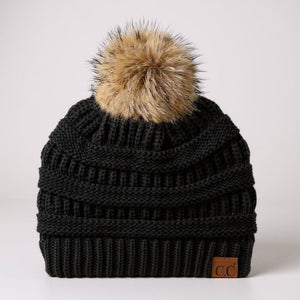 C.C® Trending Cable - Knit Tan Pom Beanie – Unisex Soft Acrylic Winter Hat, One Size - Truly Contagious