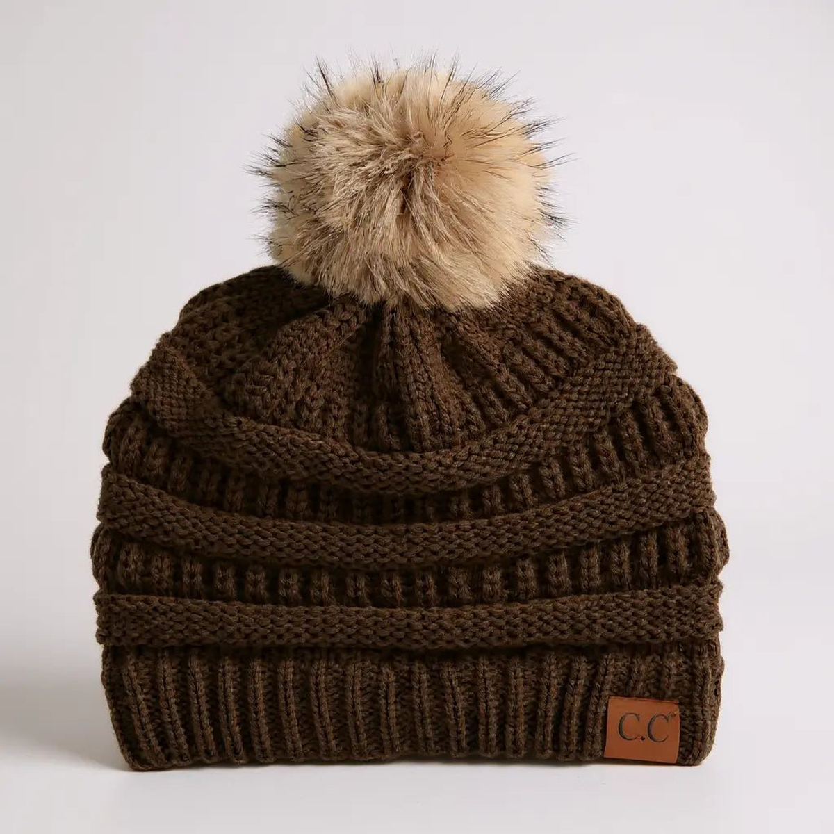 C.C® Trending Cable - Knit Tan Pom Beanie - Unisex Soft Acrylic Winter Hat, One Size - Truly Contagious