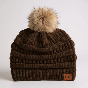 C.C® Trending Cable - Knit Tan Pom Beanie – Unisex Soft Acrylic Winter Hat, One Size - Truly Contagious