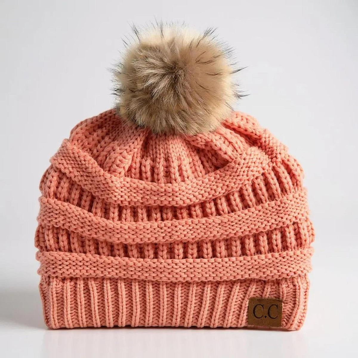C.C® Trending Cable - Knit Tan Pom Beanie - Unisex Soft Acrylic Winter Hat, One Size - Truly Contagious