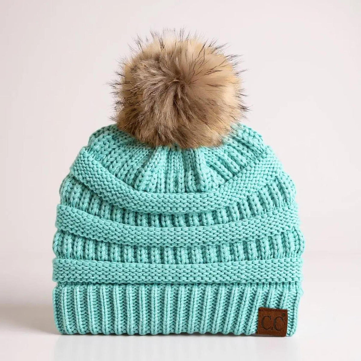 C.C® Trending Cable - Knit Tan Pom Beanie - Unisex Soft Acrylic Winter Hat, One Size - Truly Contagious