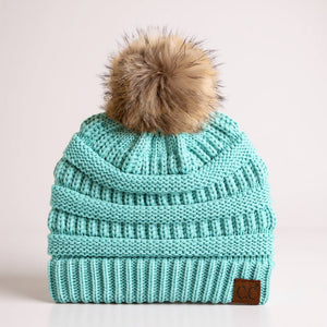 C.C® Trending Cable - Knit Tan Pom Beanie – Unisex Soft Acrylic Winter Hat, One Size - Truly Contagious