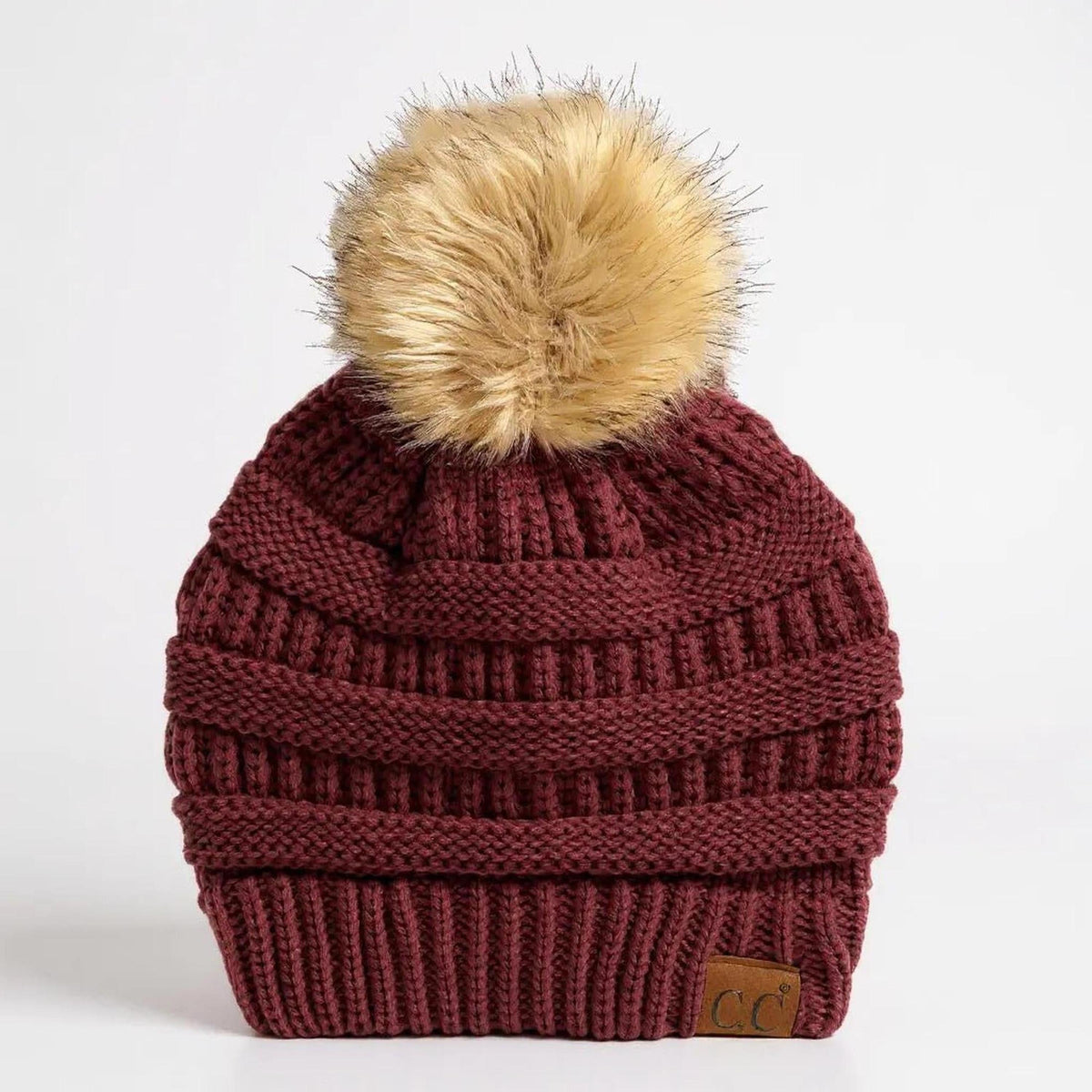 C.C® Trending Cable - Knit Tan Pom Beanie - Unisex Soft Acrylic Winter Hat, One Size - Truly Contagious