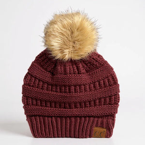 C.C® Trending Cable - Knit Tan Pom Beanie – Unisex Soft Acrylic Winter Hat, One Size - Truly Contagious