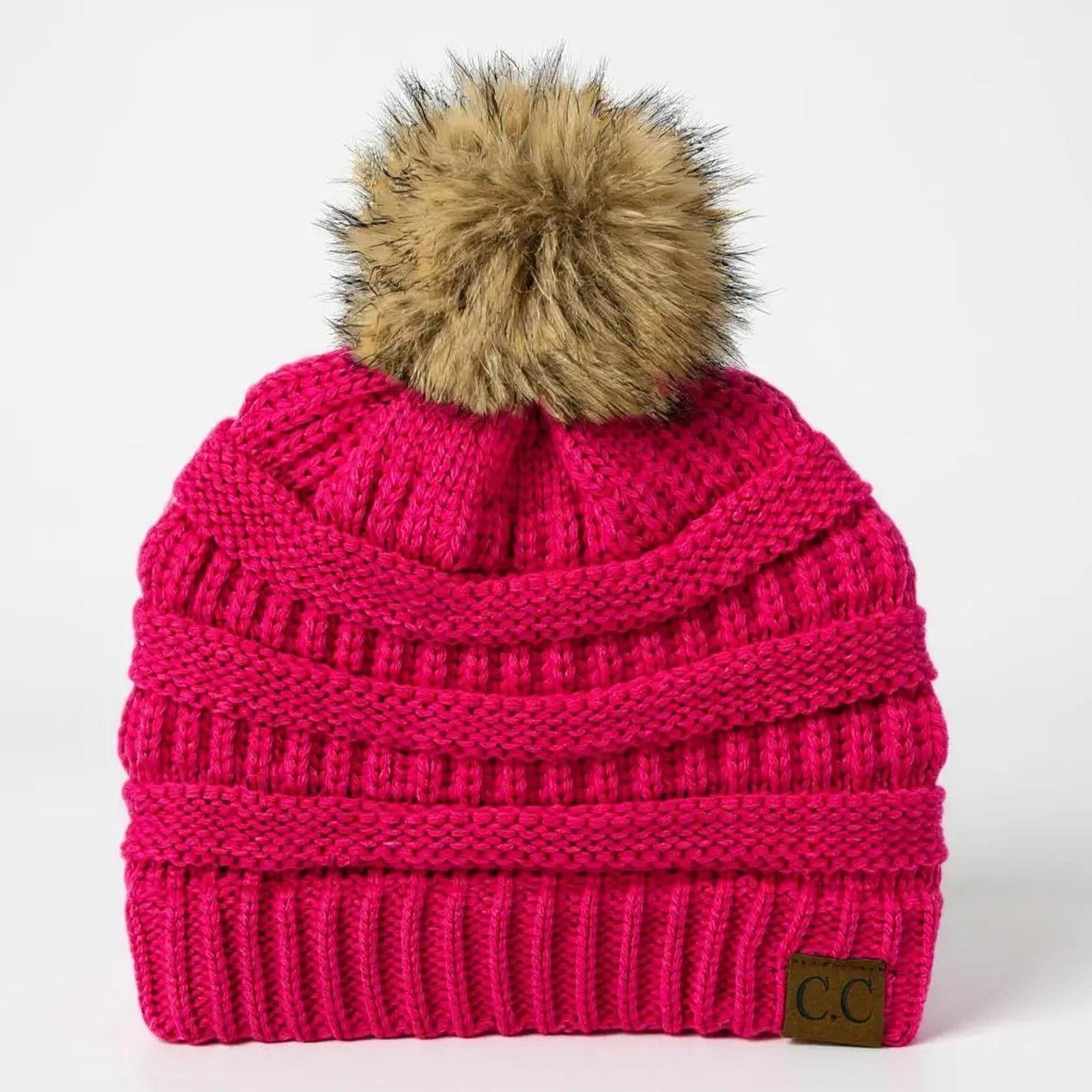 C.C® Trending Cable - Knit Tan Pom Beanie - Unisex Soft Acrylic Winter Hat, One Size - Truly Contagious