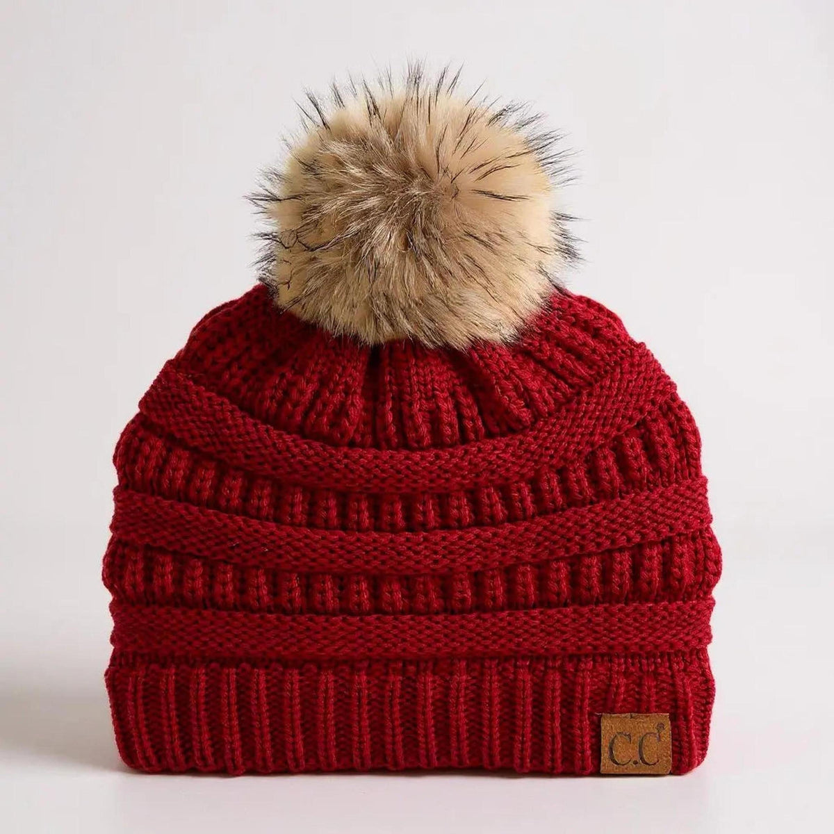 C.C® Trending Cable - Knit Tan Pom Beanie - Unisex Soft Acrylic Winter Hat, One Size - Truly Contagious