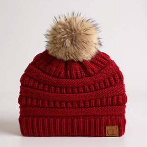 C.C® Trending Cable - Knit Tan Pom Beanie – Unisex Soft Acrylic Winter Hat, One Size - Truly Contagious
