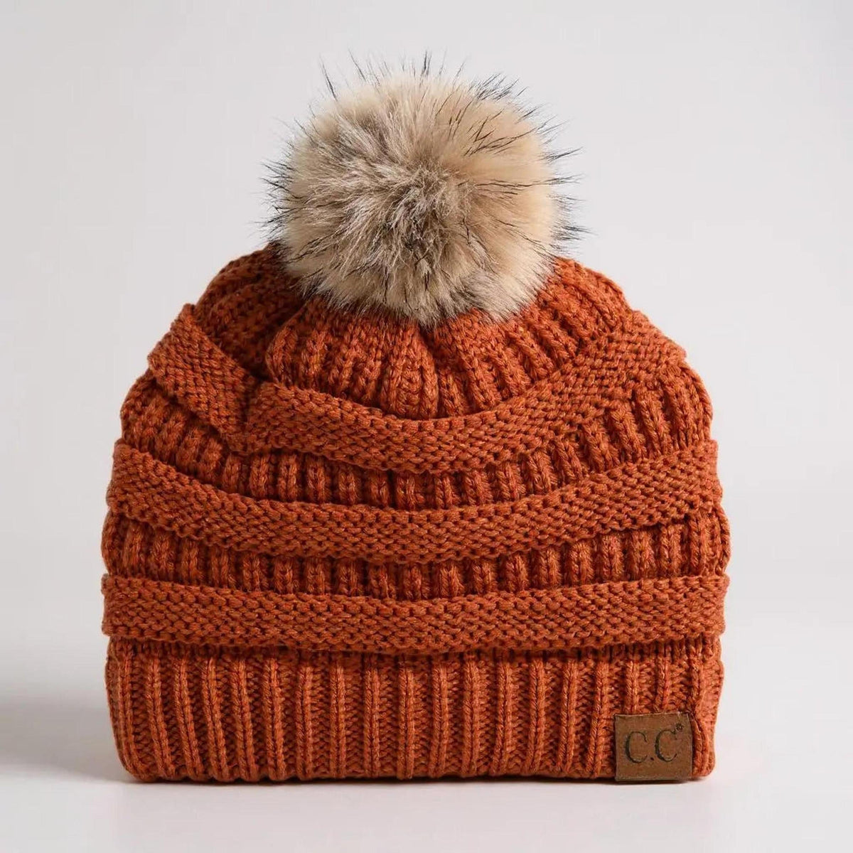 C.C® Trending Cable - Knit Tan Pom Beanie - Unisex Soft Acrylic Winter Hat, One Size - Truly Contagious